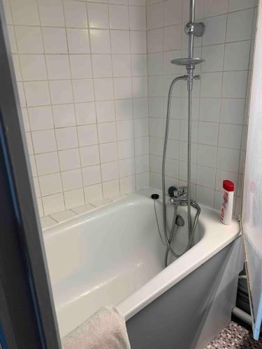 une baignoire blanche avec douche dans une salle de bain dans l'établissement Studio proche gare centre ville au calme côté cour, à Orléans
