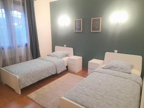 une chambre avec deux lits et une fenêtre dans l'établissement Charmante maison sur Auxerre, à Auxerre