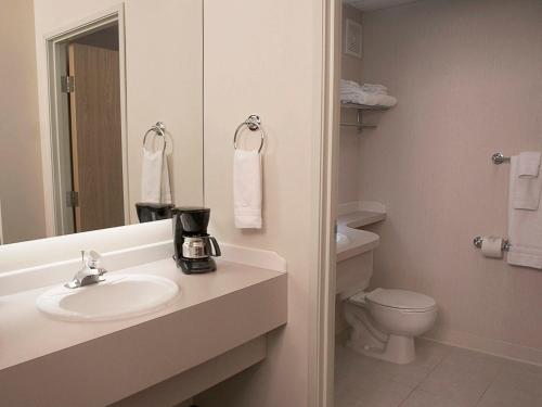 La salle de bains est pourvue d'un lavabo, de toilettes et d'un miroir. dans l'établissement Bear Lodge, à Fairbanks