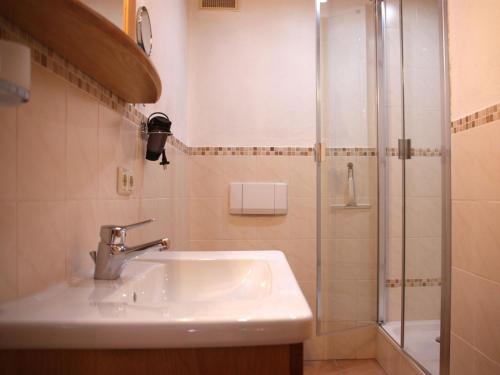 a bathroom with a sink and a shower at Jaklhof in Frasdorf