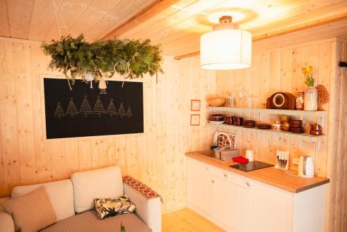 SidzinaにあるDomki pod Halą Krupową - Chata na szlakuのソファとキッチンのあるリビングルーム
