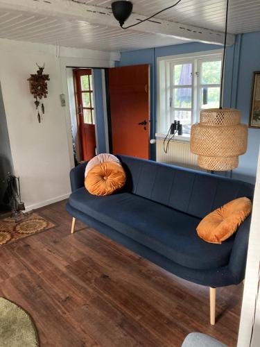 a blue couch in a living room with orange pillows at Cozy holiday home in Dalby