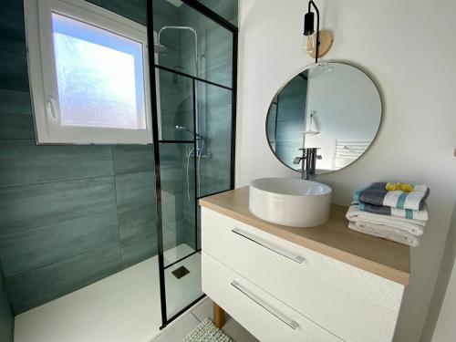a bathroom with a sink and a mirror at Charmant T1 bis à Itxassou, proche Thermes, jardin, parking privé, internet, 2 couchages - FR-1-495-136 in Itxassou