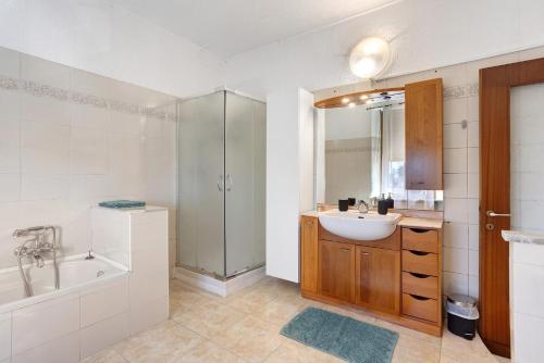 a bathroom with a sink and a shower and a tub at La dimora del Gallo in Concorezzo