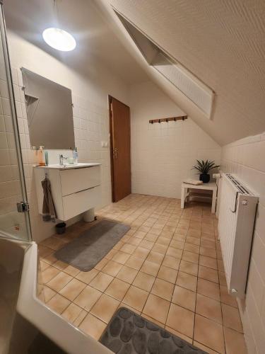 une salle de bain avec un lavabo et un miroir dans l'établissement MIN HISELE, Ma PETITE MAISON, à Lingolsheim
