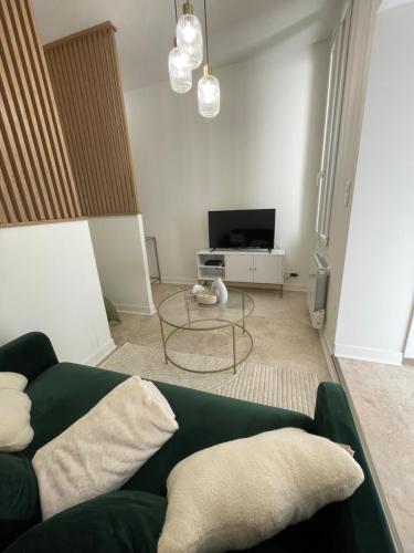 a living room with a green couch and a tv at Auma Home in Bordeaux