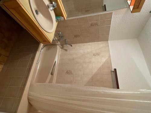 une salle de bain avec une douche avec un lavabo et des toilettes dans l'établissement Studio calme à Samoëns avec terrasse, parking et coin cuisine - FR-1-629-30, à Samoëns