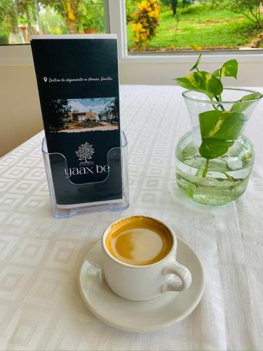 a cup of coffee and a book on a table at Quinta YaaxBe in Homún