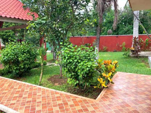 a garden with plants and flowers on a brick walkway at Quinta YaaxBe in Homún