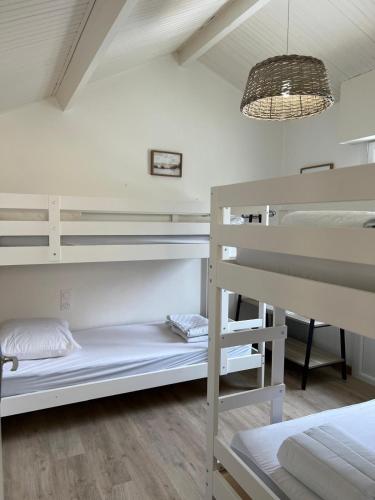 Cette chambre comprend 2 lits superposés et un lustre. dans l'établissement A l'ombre des pins, à La Terrière