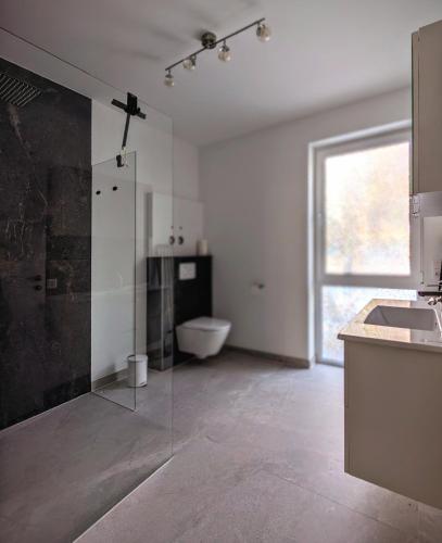a bathroom with a sink and a toilet in a room at Breitenbergerhof Pfronten in Pfronten