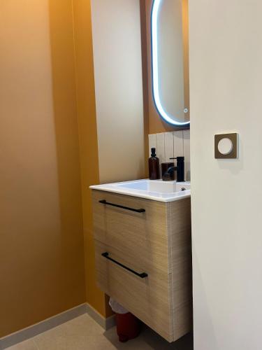 une salle de bain avec un lavabo et un miroir dans l'établissement Le Darcy - Entre Gare et Ville, à Dijon