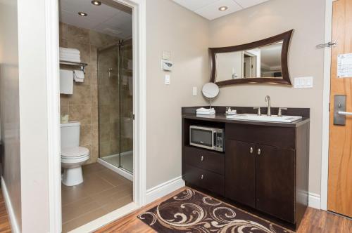 a bathroom with a sink and a toilet and a mirror at Hotel & Suites Le Dauphin Drummondville in Drummondville