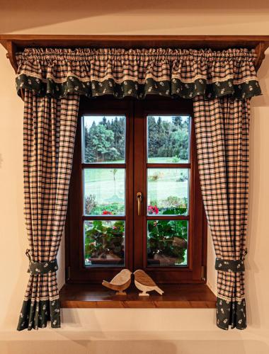 a window with a pair of shoes on a window sill at Penzion Stříbrník in Krásná