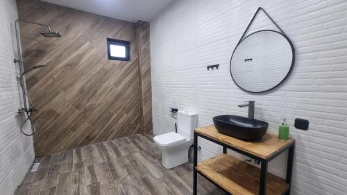 a bathroom with a black sink and a mirror at Chill out Zone , villa with 4 bedrooms, whole apartment, апартамент целиком in Dilijan