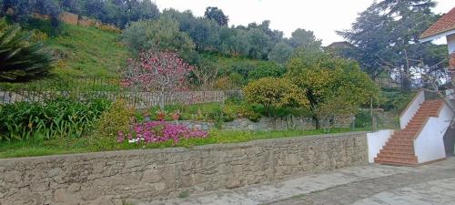 a garden with a stone wall and flowers at Casa IL GLICINE in Camporosso