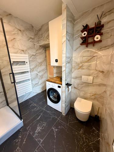 une salle de bain avec machine à laver et toilettes dans l'établissement L Écrin Rémois, à Reims