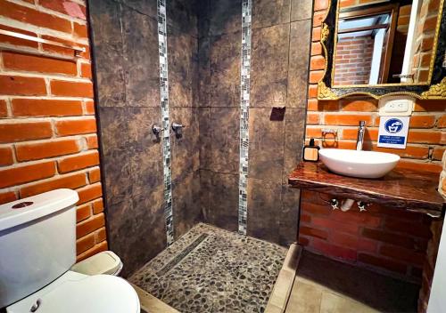 a bathroom with a toilet and a sink and a mirror at Finca San Pedro in Hacienda Santa María