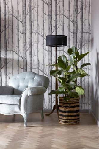 a chair and a plant in a room with a forest wallpaper at Majeka House Boutique Hotel by The Living Journey Collection in Stellenbosch