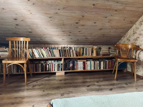 two chairs and a book shelf with books at EZERI - weekend home with sauna and tub in Augšlīgatne
