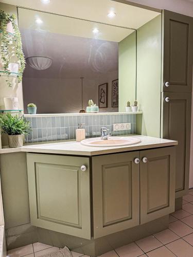 a bathroom with a sink and a large mirror at Accès Privé - Proche Aéroport - WIFI - Free Parking in Achenheim