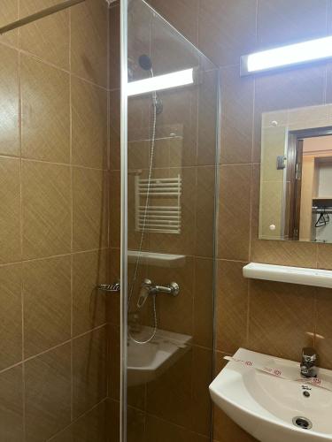 a bathroom with a shower and a sink at Hotel viilor in Bucharest