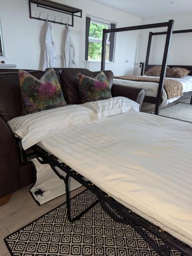 a living room with a couch and a bed at Willowbank House in Enniskillen
