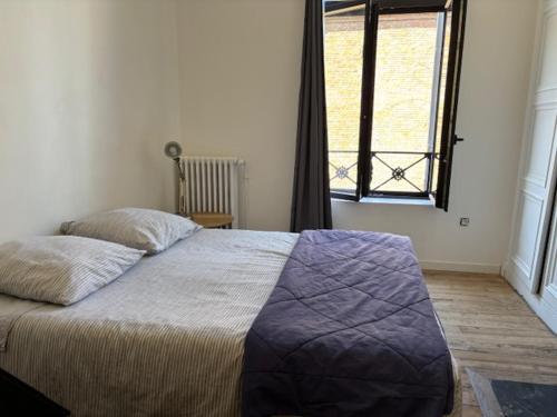 une chambre avec un grand lit avec une fenêtre dans l'établissement Chambre meublée au calme dans maison de caractère Hyper centre 3m Gare, à Amiens