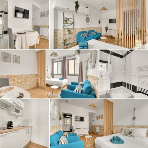 un collage de photos d'un salon et d'une cuisine dans l'établissement Le Bohème Chic - Studio Cosy - Métro & Gare, à Toulouse