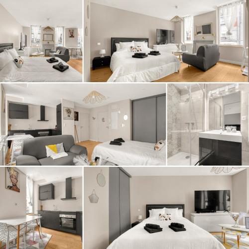un collage de photos d'une chambre d'hôtel avec 2 lits dans l'établissement La Perle Colombette- Studio Élégant - Hyper Centre, à Toulouse