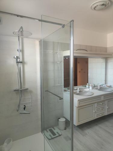 une salle de bain avec une douche en verre et un lavabo dans l'établissement Villa Olivia, Sud Ardèche, à Montréal