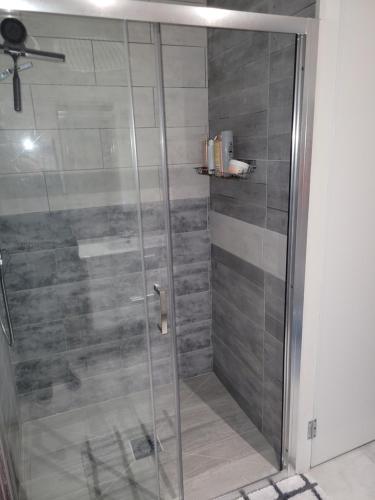 une douche avec une porte vitrée dans une salle de bain dans l'établissement Chez Pauline, à Clion