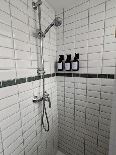 La salle de bains est pourvue d'une douche avec 4 bouteilles d'huiles. dans l'établissement Cozy Apartment Intramuros near the Station, à Avignon