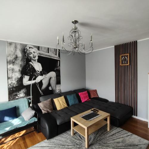 een woonkamer met een zwarte bank en een schilderij bij Współczesny Apartament Gdańsk in Borkowo