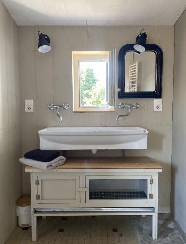 une salle de bain avec un lavabo blanc et un miroir dans l'établissement La Maison de Coutil, aux Gîtes de l'Etang des Noues, à Cholet