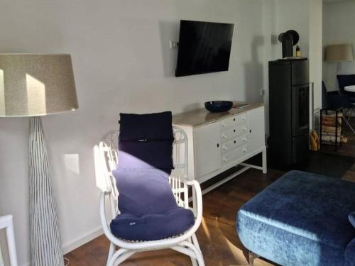 a living room with a chair with a blue pillow at Haus Wentowseeblick in Zehdenick
