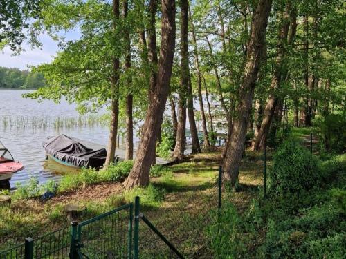 a boat on the shore of a lake with trees at Haus Wentowseeblick in Zehdenick