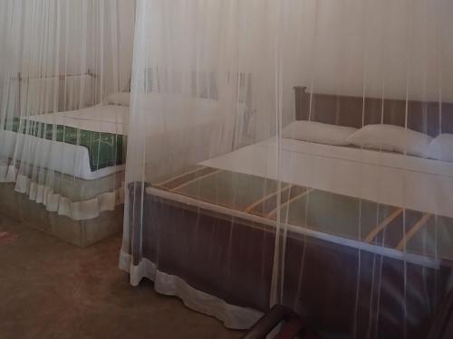two beds in a room with a glass wall at Villa Habarana in Habarana