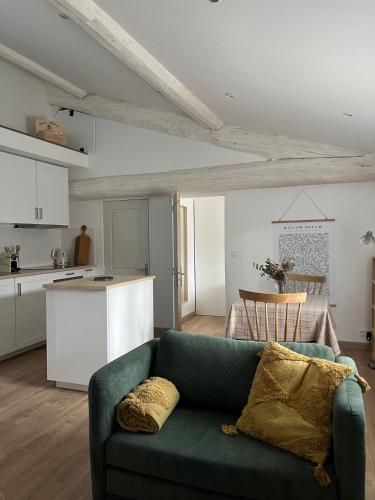 un salon avec un canapé vert et une cuisine dans l'établissement Appartement LAISSAC - CENTRE VILLE - WIFI, à Montpellier