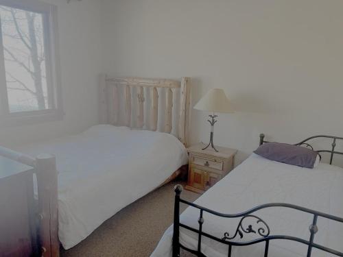 a bedroom with two beds and a lamp and a window at Bunkhouse in Kremmling