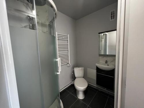une salle de bain avec toilettes et lavabo dans l'établissement Chambres individuelles proche Orly longjumeau Massy, à Longjumeau