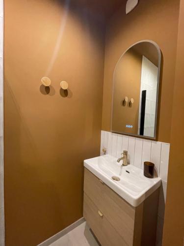 une salle de bain avec un lavabo et un miroir dans l'établissement Le Darcy Bis - Entre Gare et Ville, à Dijon