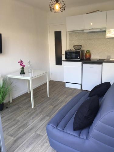 un salon avec un canapé bleu et une cuisine dans l'établissement La mer, accès direct et calme, terrasse, à Roquebrune-Cap-Martin