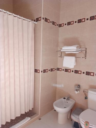 a bathroom with a toilet and a shower curtain at Hostal Arcos Beach Chipiona in Chipiona