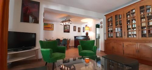 Il comprend un salon doté de fauteuils verts et d'une télévision à écran plat. dans l'établissement Mas Saint Joseph, à Meynes