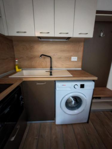 a kitchen with a washing machine and a sink at Alpine Relax free spa & pool in Pamporovo