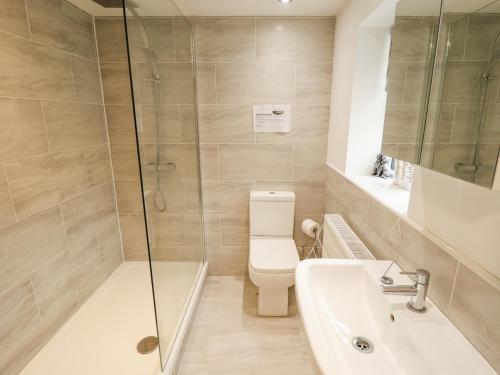 a bathroom with a shower and a toilet and a sink at Willow Cottage in Barrow upon Humber
