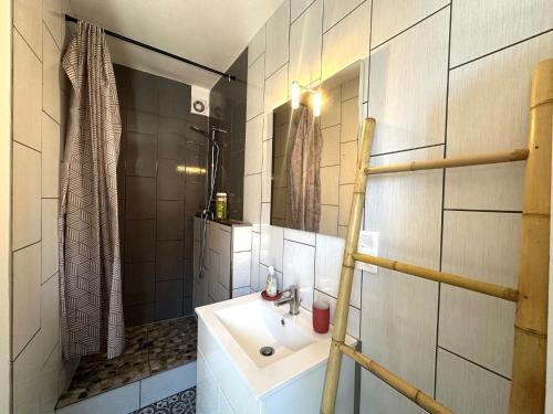 a bathroom with a white sink and a shower at Maison de bourg près du château in Polignac