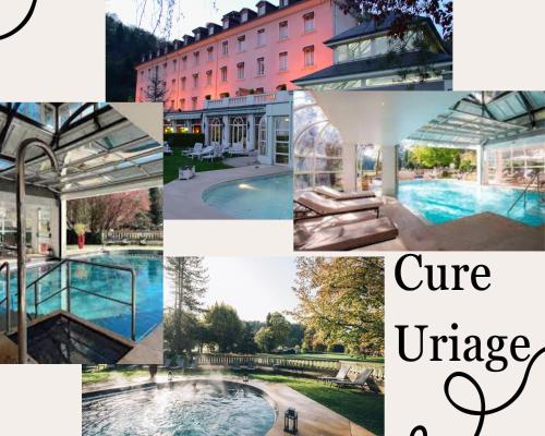 un collage d'images d'une piscine et d'un bâtiment dans l'établissement Le T2 Douillet d'Uriage - Résidence Le Louvre - Uriage- Proche Chamrousse - Jusqu'à 3 personnes - Cure thermale - Montagnes et lacs, à Vaulnaveys-le-Haut