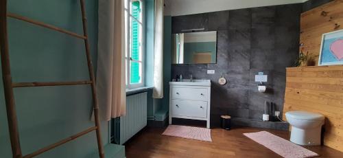 une salle de bain avec toilettes, lavabo et miroir dans l'établissement Le Puits Dans La Cour, à Saint-Priest-des-Champs